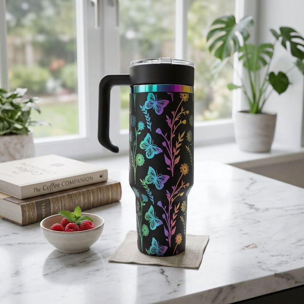 40 oz Black Butterfly & Floral Holographic Insulated Tumbler with Handle